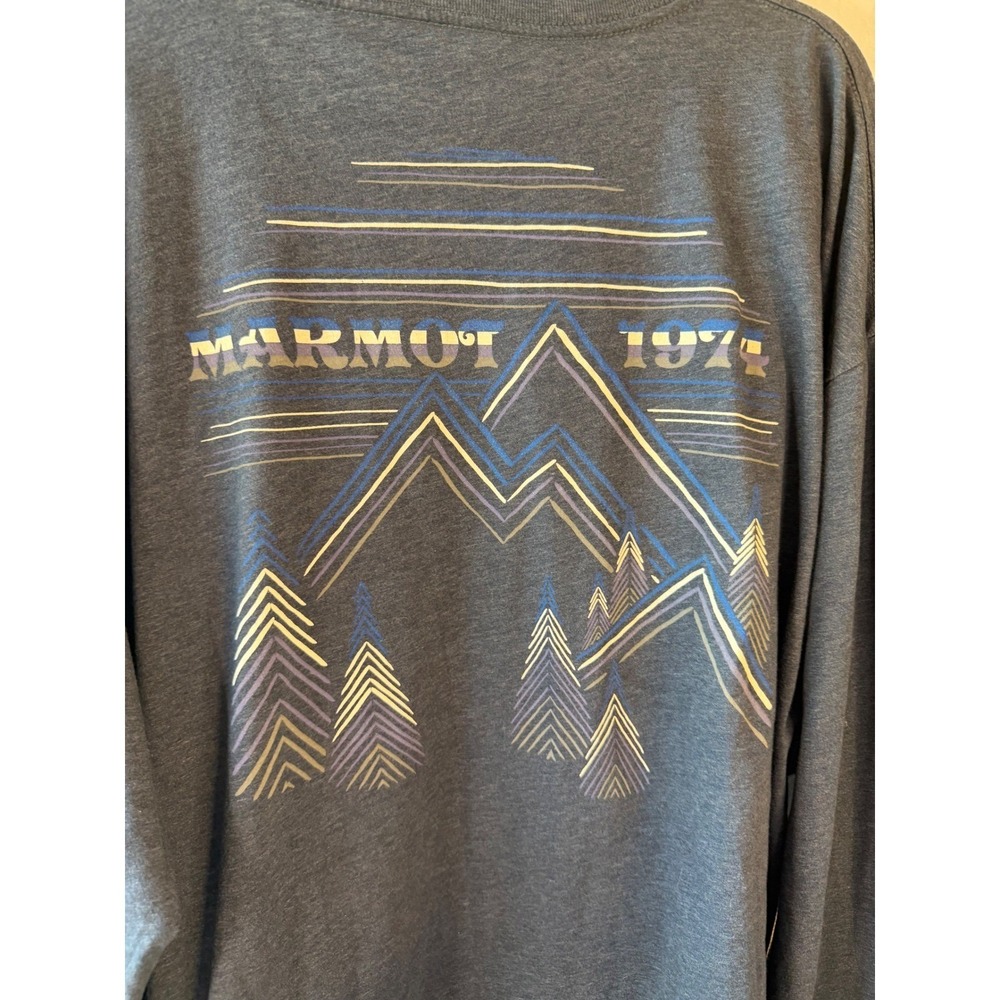 Marmot Mens XXL Long Sleeve Graphic T-Shirt Heather Blue Mountain Back Print - Picture 5 of 7